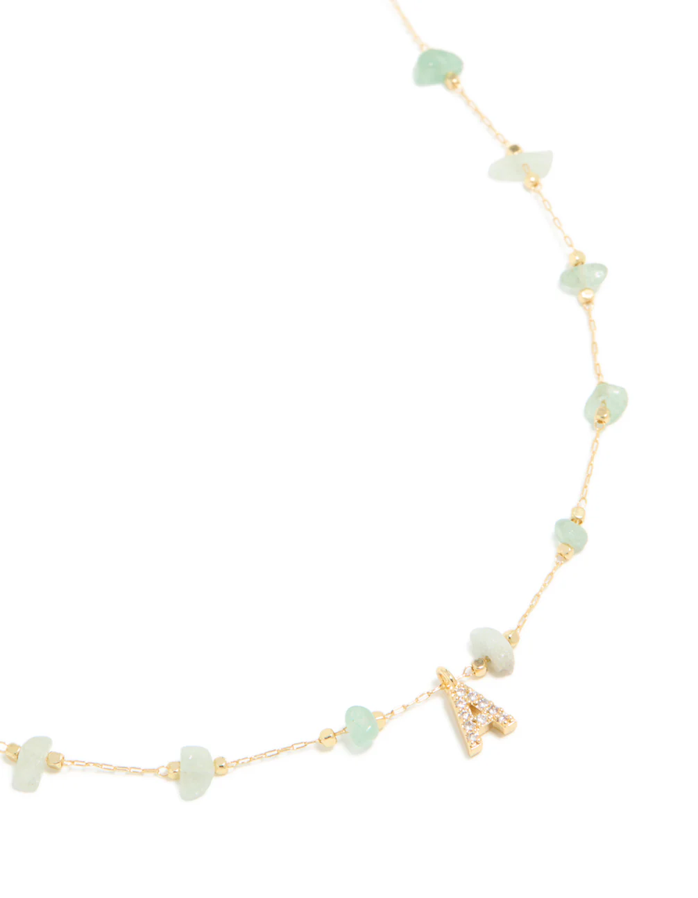 Gold Plated Green Aventurine Semi Precious Stone Cubic Zirconia Letter A Necklace - Image 2