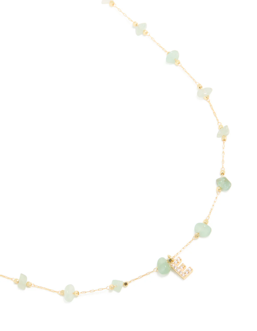 Gold Plated Green Aventurine Semi Precious Stone & Cubic Zirconia Letter E Necklace - Image 2