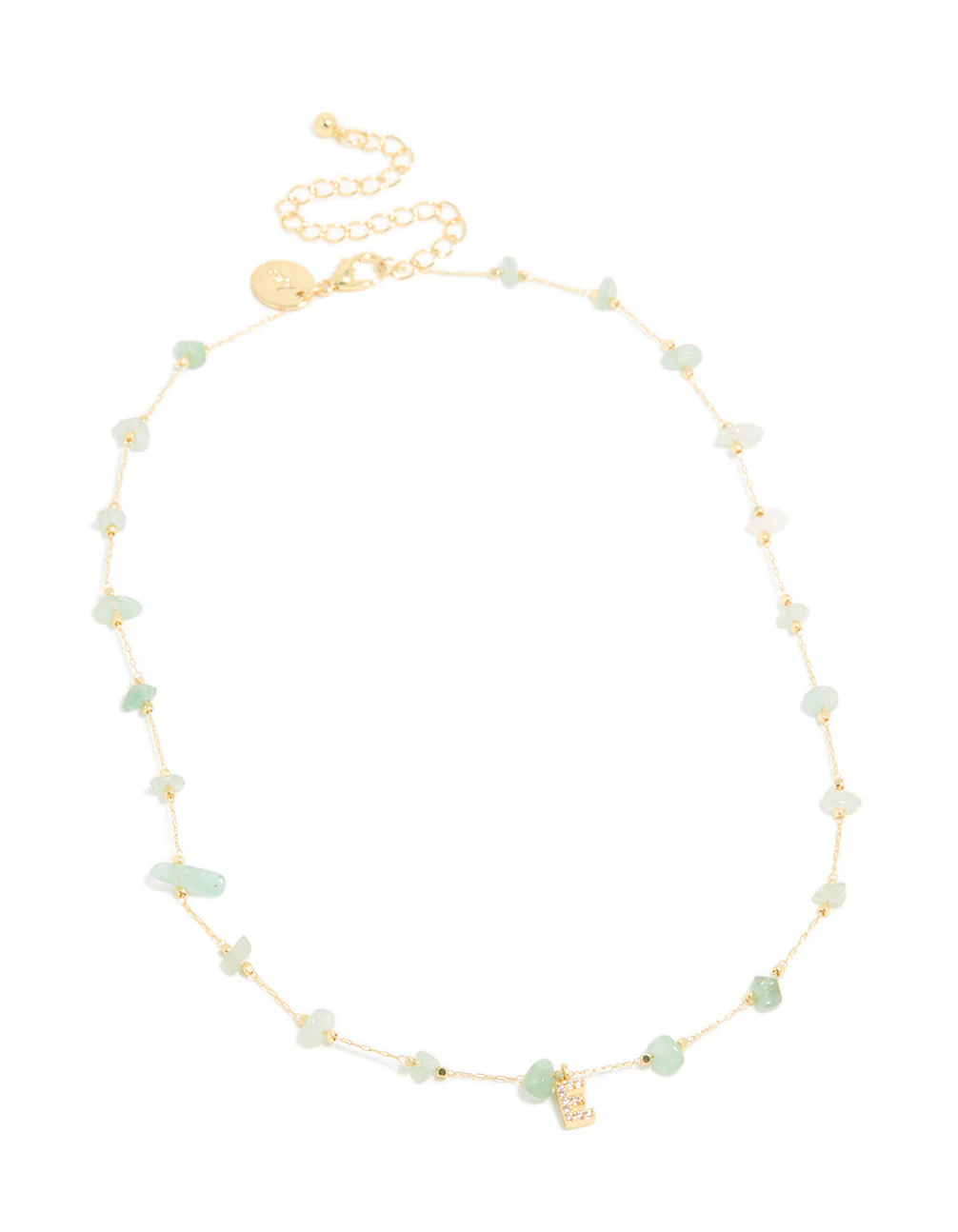 Gold Plated Green Aventurine Semi Precious Stone & Cubic Zirconia Letter E Necklace - Image 4