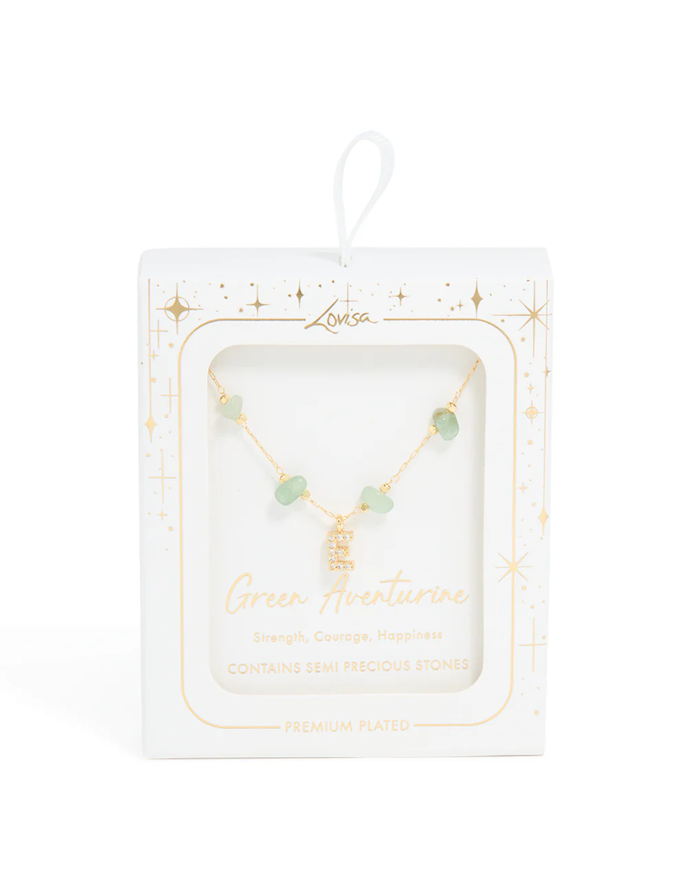 Gold Plated Green Aventurine Semi Precious Stone & Cubic Zirconia Letter E Necklace - Image 5