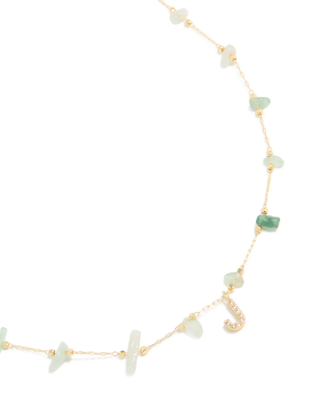 Gold Plated Green Aventurine Semi Precious Stone Cubic Zirconia Letter J Necklace - Image 2