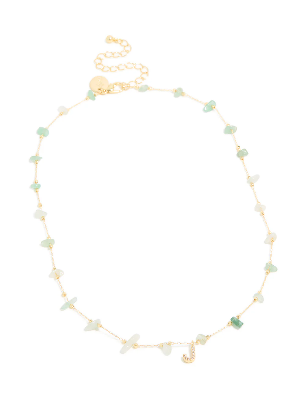 Gold Plated Green Aventurine Semi Precious Stone Cubic Zirconia Letter J Necklace - Image 4