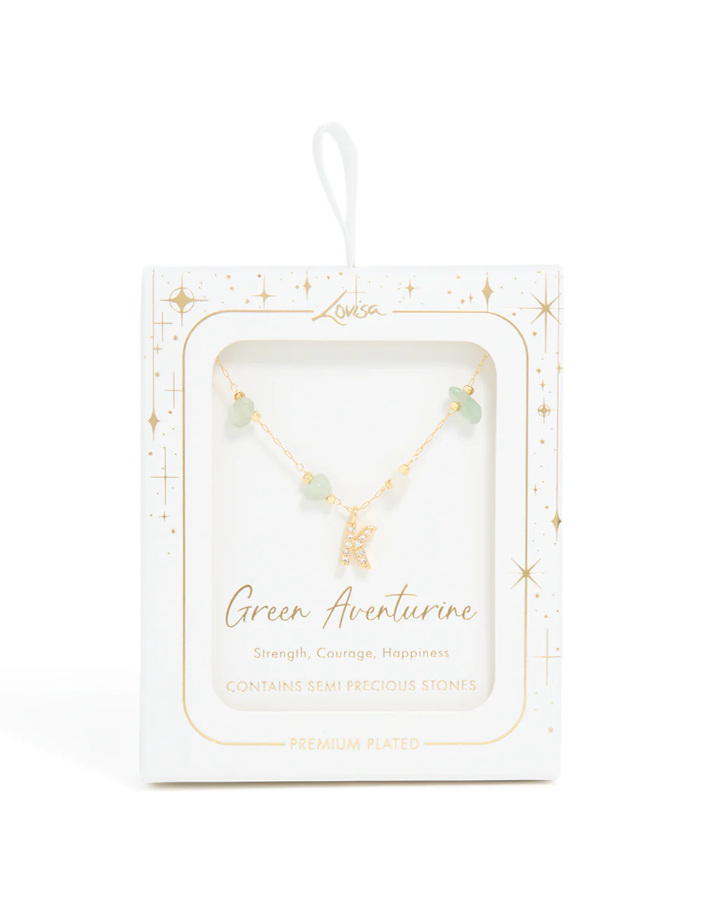 Gold Plated Green Aventurine Semi Precious Stone Cubic Zirconia Letter K Necklace - Image 5