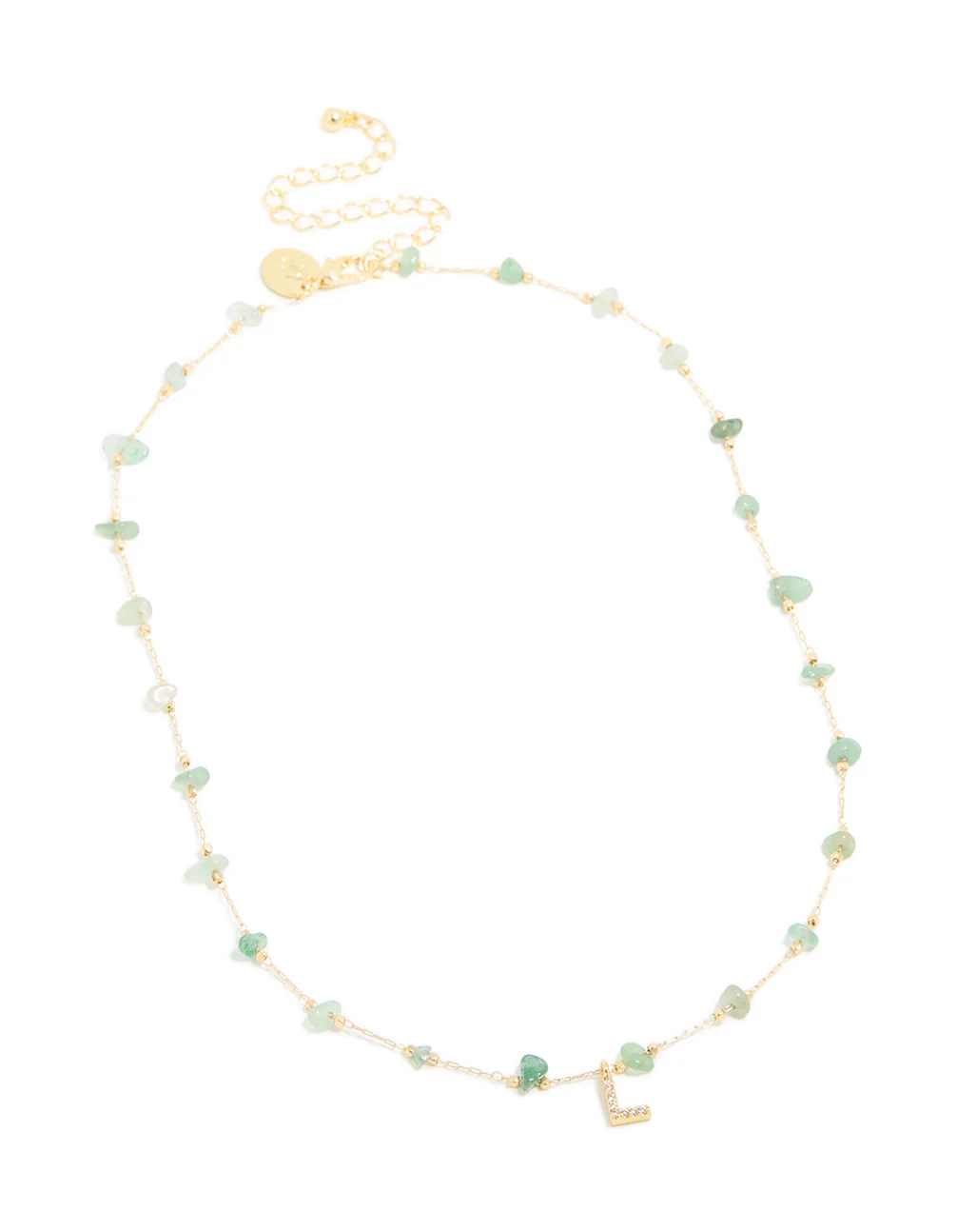 Gold Plated Green Aventurine Semi Precious Stone Cubic Zirconia Letter L Necklace - Image 4