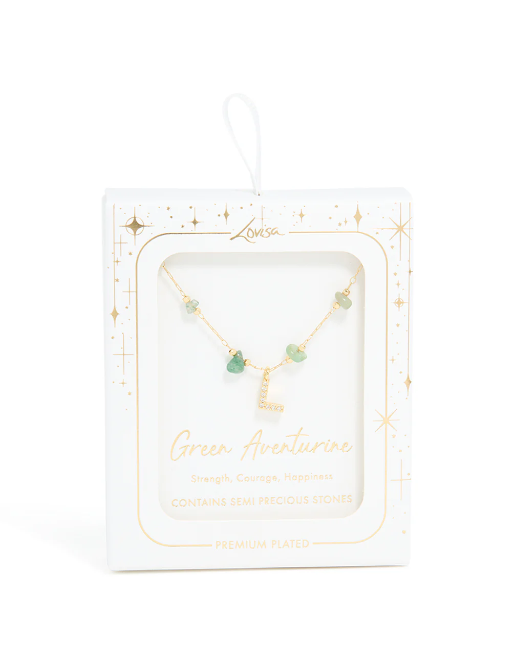 Gold Plated Green Aventurine Semi Precious Stone Cubic Zirconia Letter L Necklace - Image 5