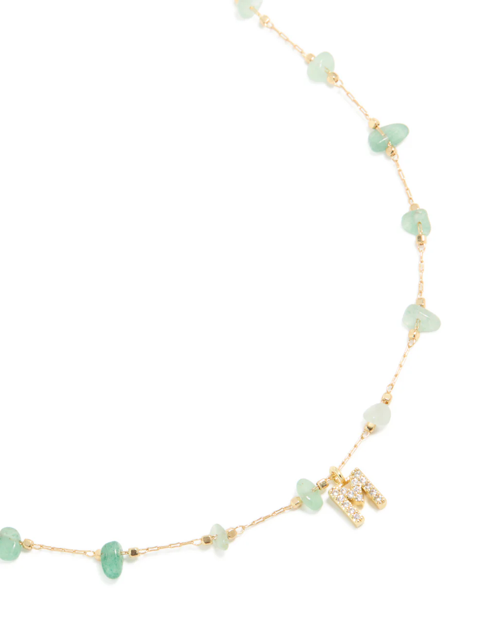 Gold Plated Green Aventurine Semi Precious Stone Cubic Zirconia Letter M Necklace - Image 2