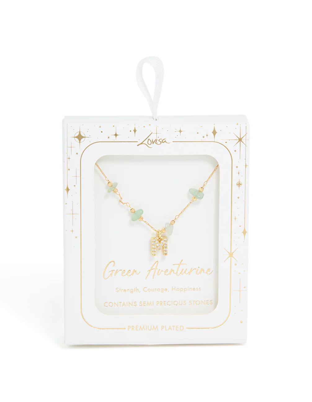 Gold Plated Green Aventurine Semi Precious Stone Cubic Zirconia Letter M Necklace - Image 5