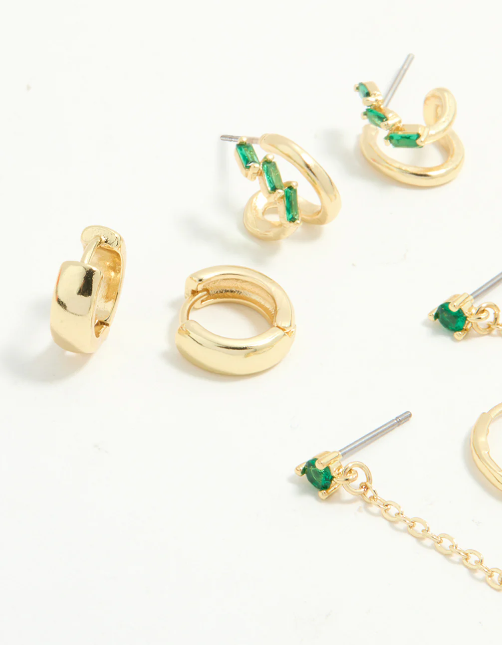 Gold Plated Green Cubic Zirconia Stacker Earrings 5-Pack - Image 2