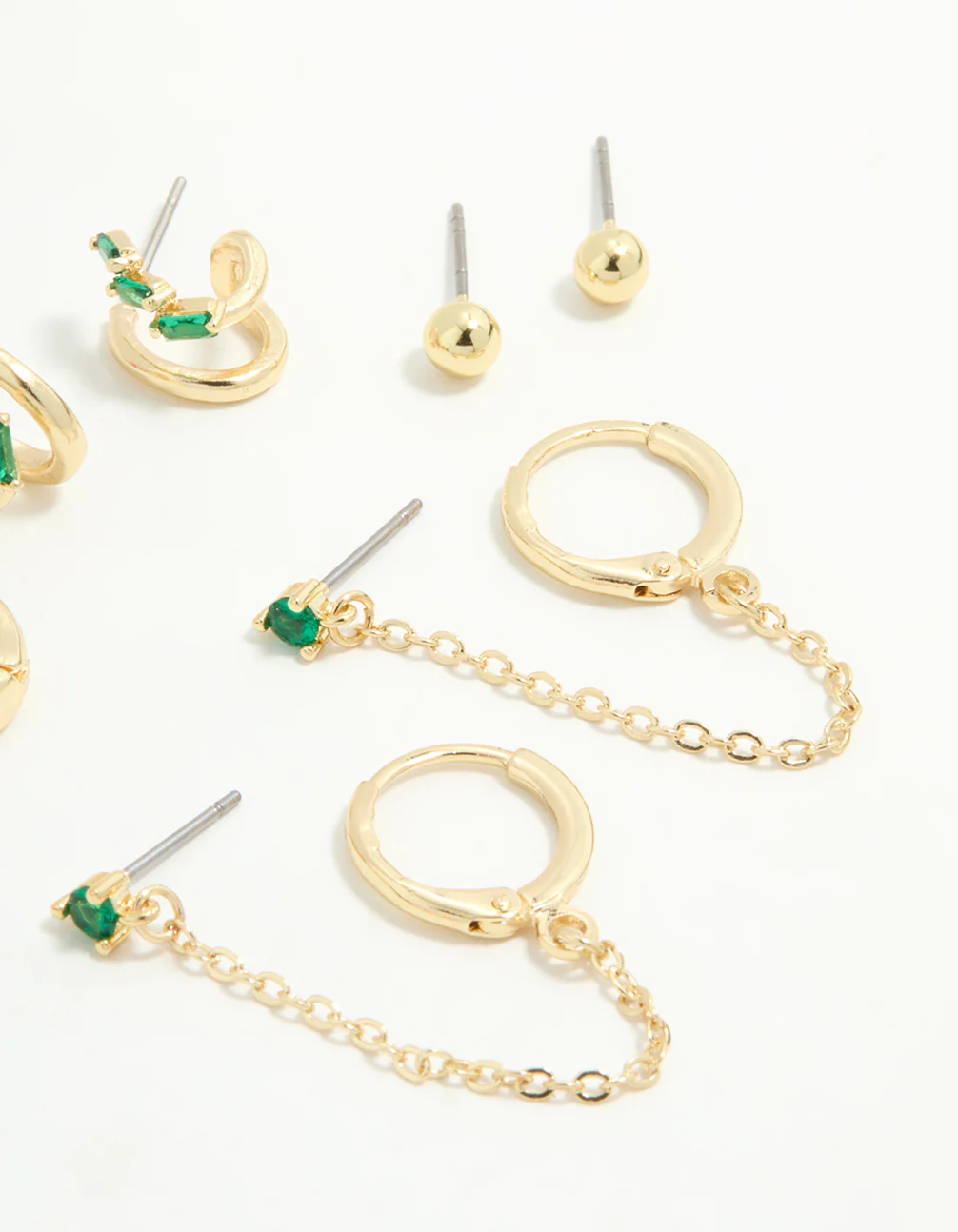 Gold Plated Green Cubic Zirconia Stacker Earrings 5-Pack - Image 3