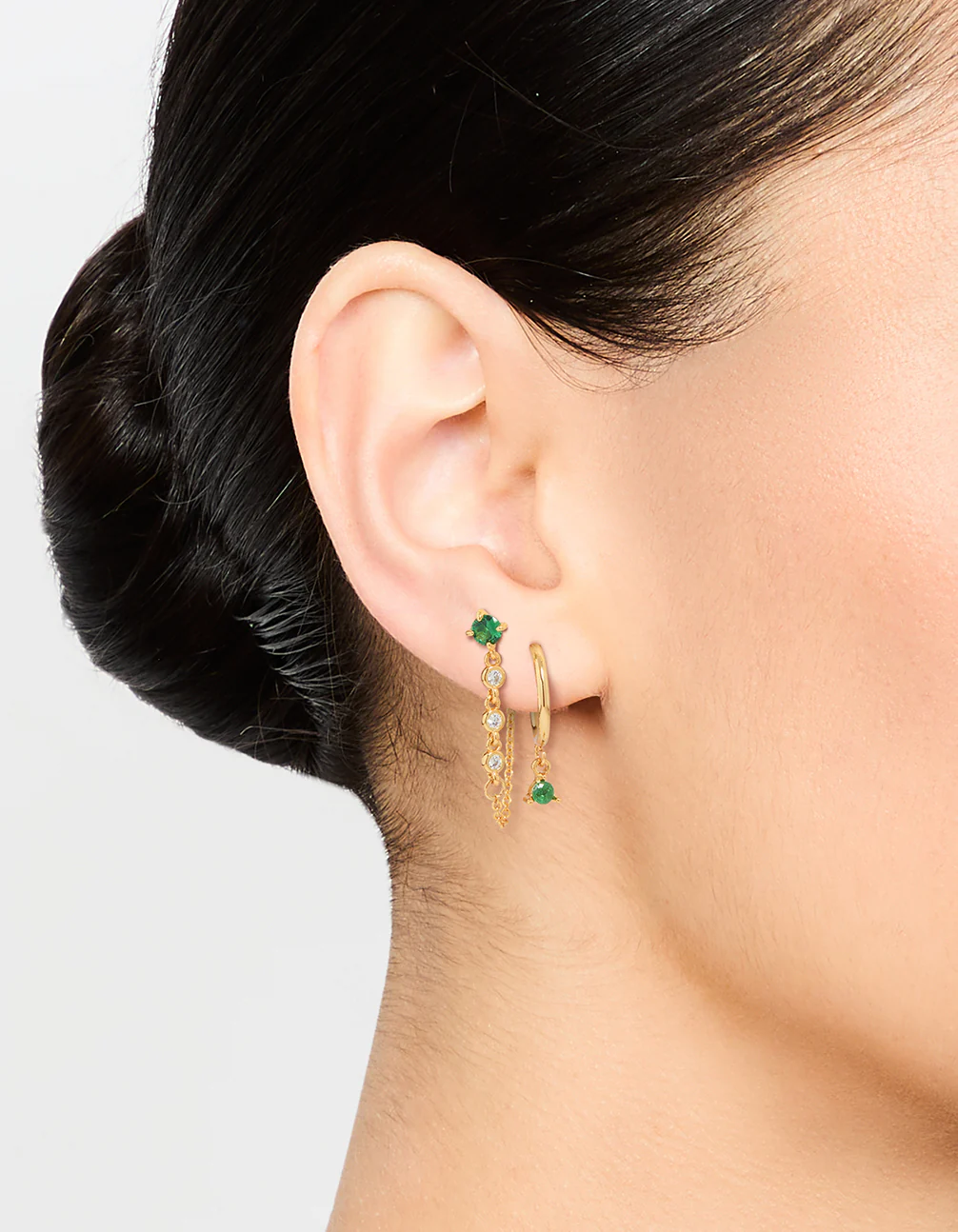 Gold Plated Green Cubic Zirconia Stud & Chain Huggie Earrings 2-Pack - Image 2