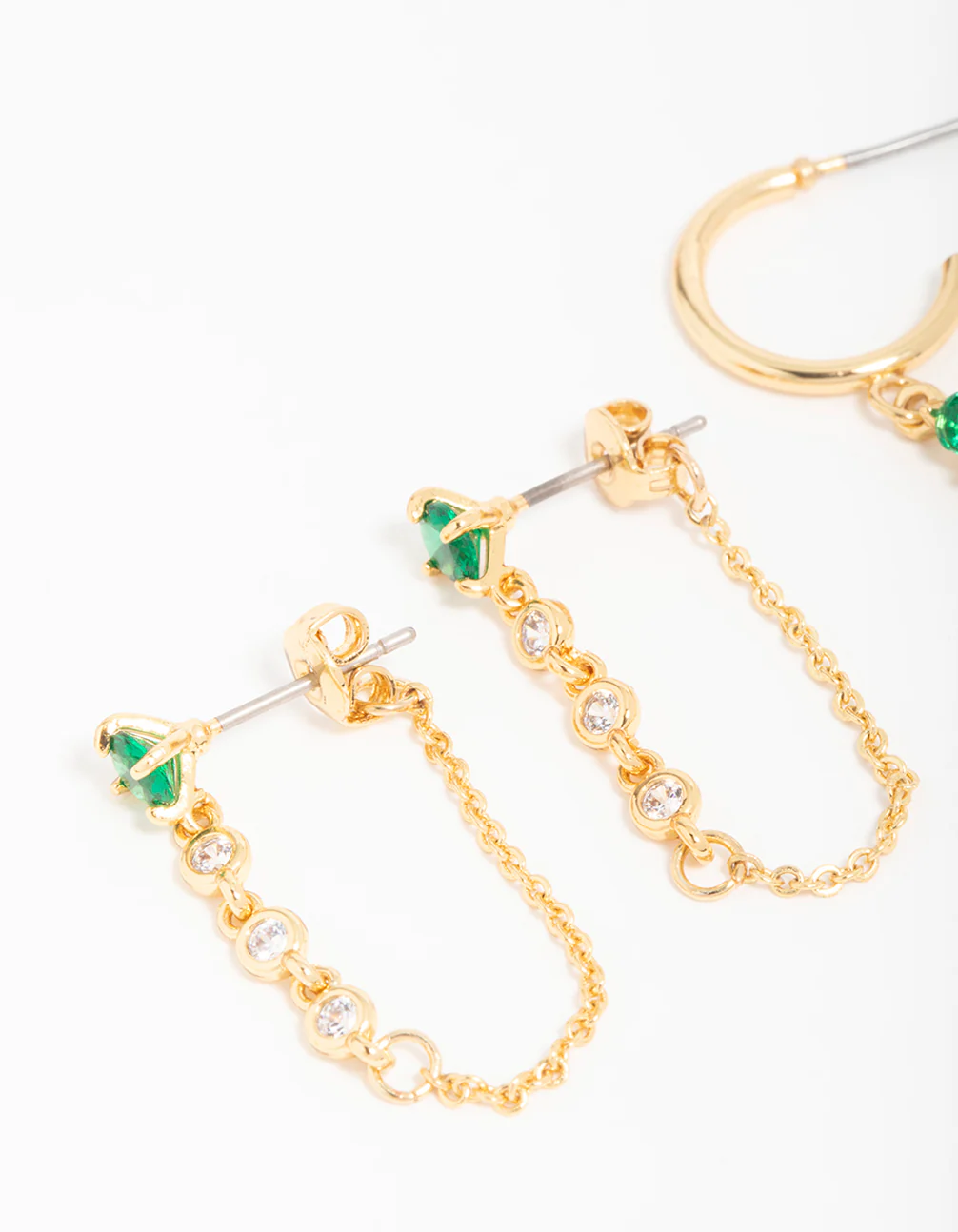Gold Plated Green Cubic Zirconia Stud & Chain Huggie Earrings 2-Pack - Image 4