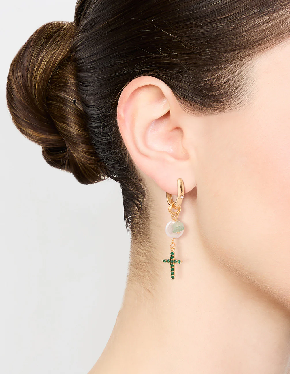 Gold Plated Green, Pearl & Cross Huggie Earrings - Image 2