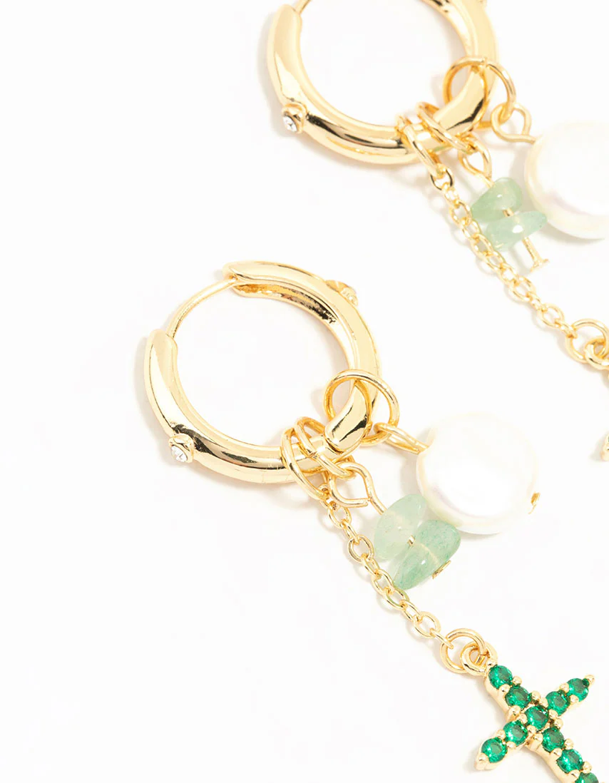 Gold Plated Green, Pearl & Cross Huggie Earrings - Image 4