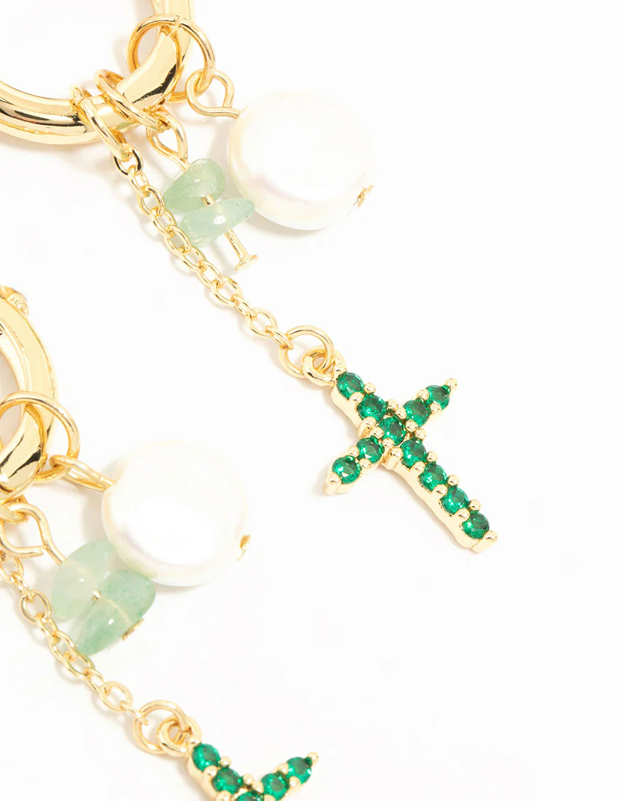 Gold Plated Green, Pearl & Cross Huggie Earrings - Image 5