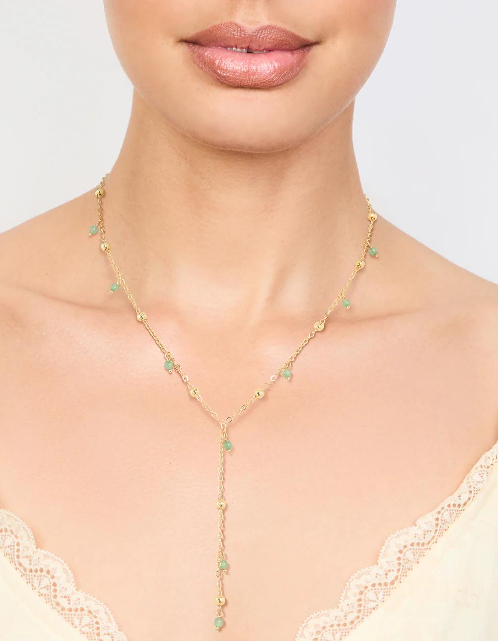 Gold Plated Green Semi Precious Ball Y-Necklace - Image 2