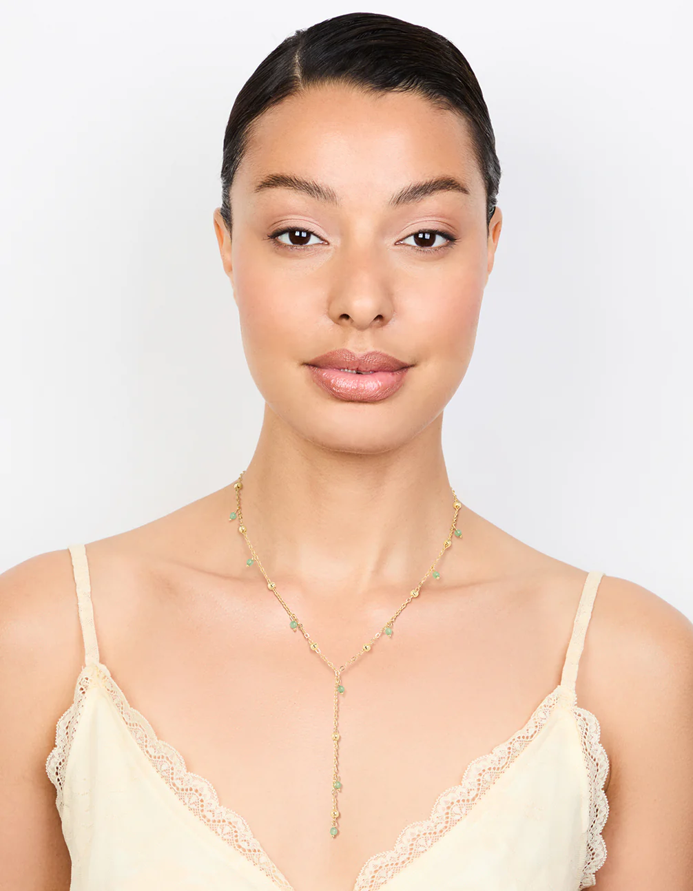 Gold Plated Green Semi Precious Ball Y-Necklace - Image 3
