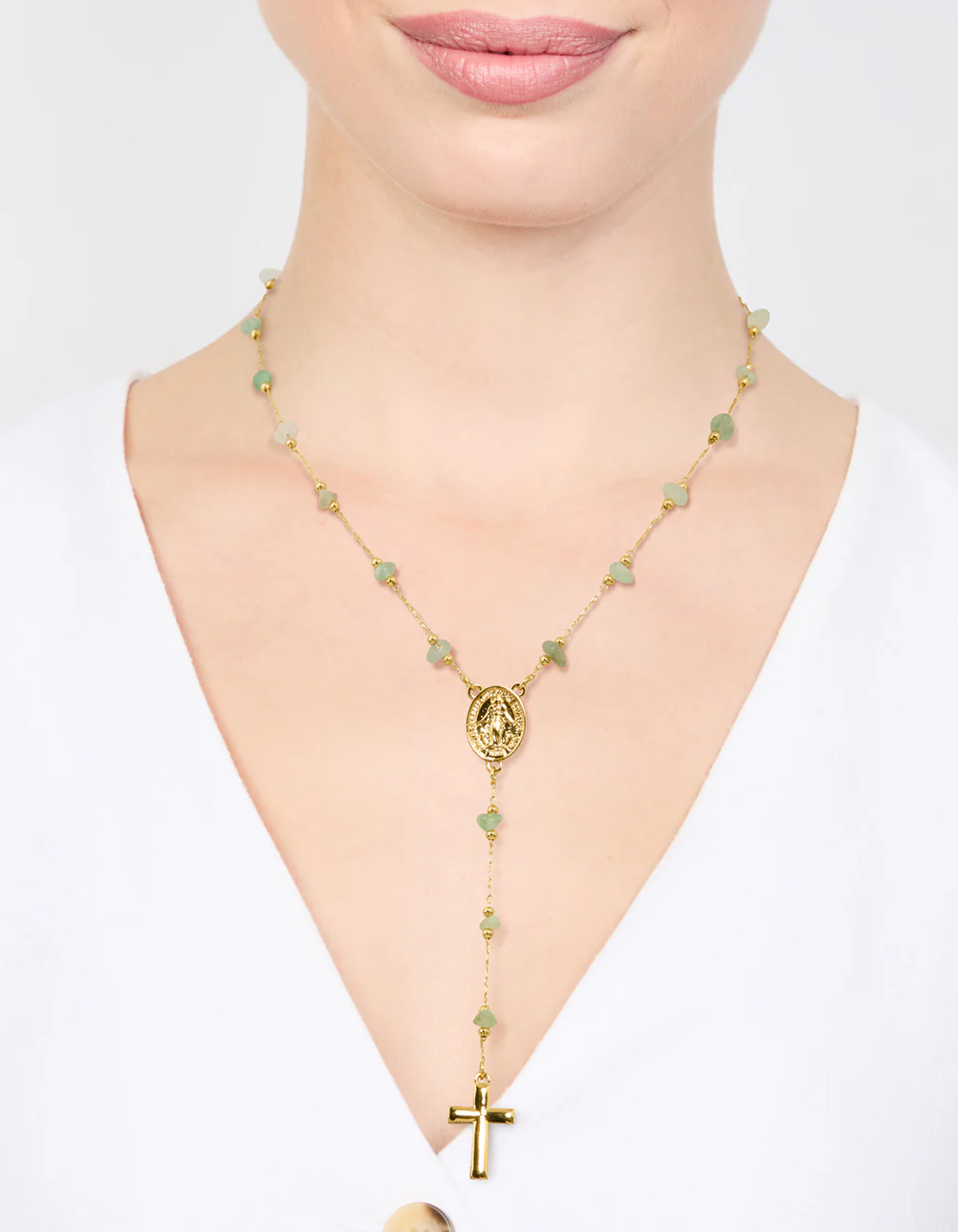 Gold Plated Green Semi Precious Cross Y-Necklace - Image 2