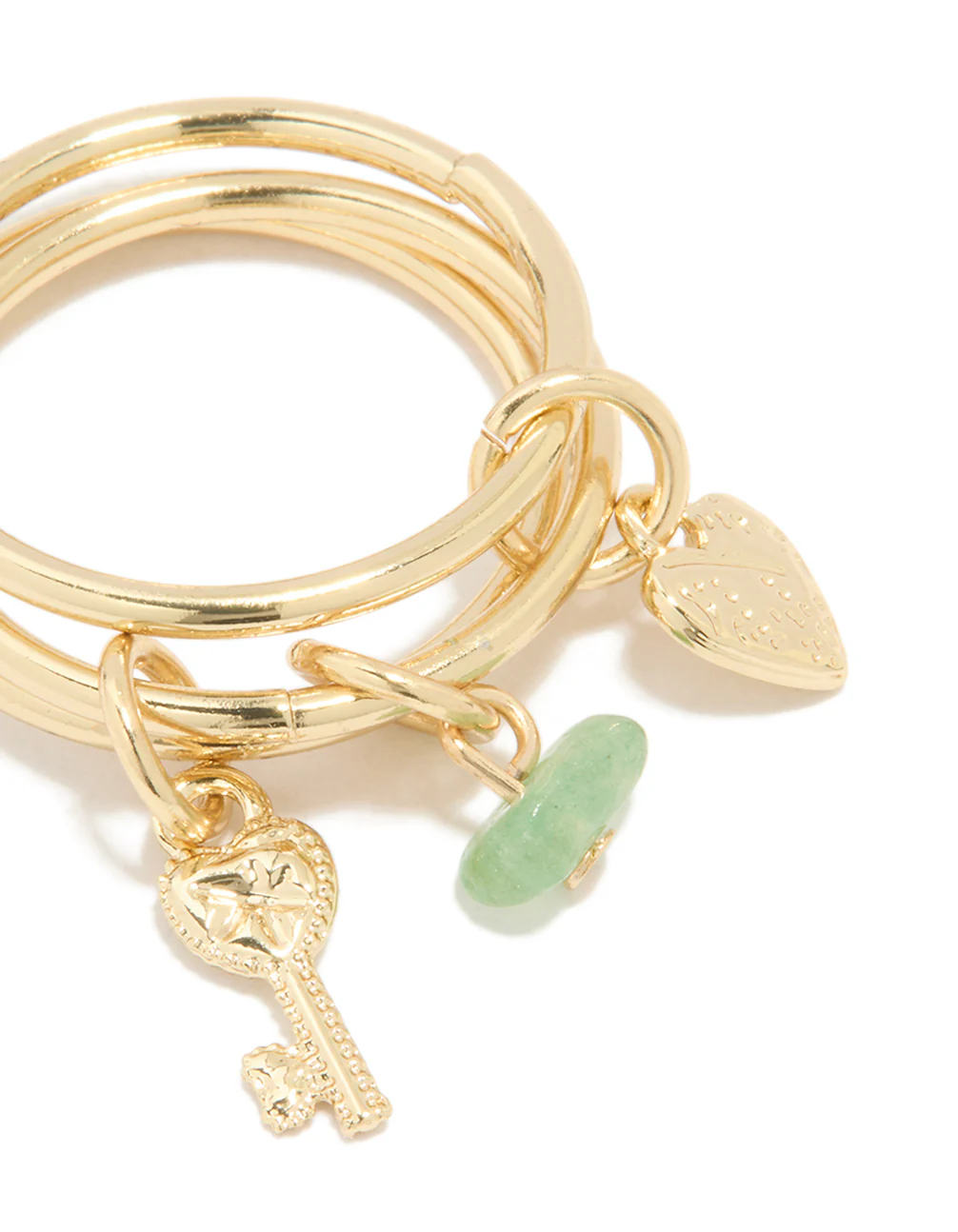 Gold Plated Green Semi Precious & Key Charm Rings 3-Pack - Image 2