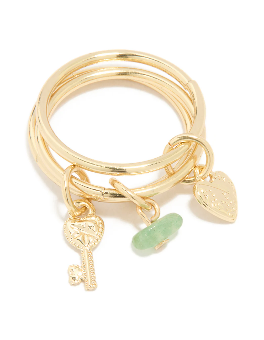 Gold Plated Green Semi Precious & Key Charm Rings 3-Pack - Image 3