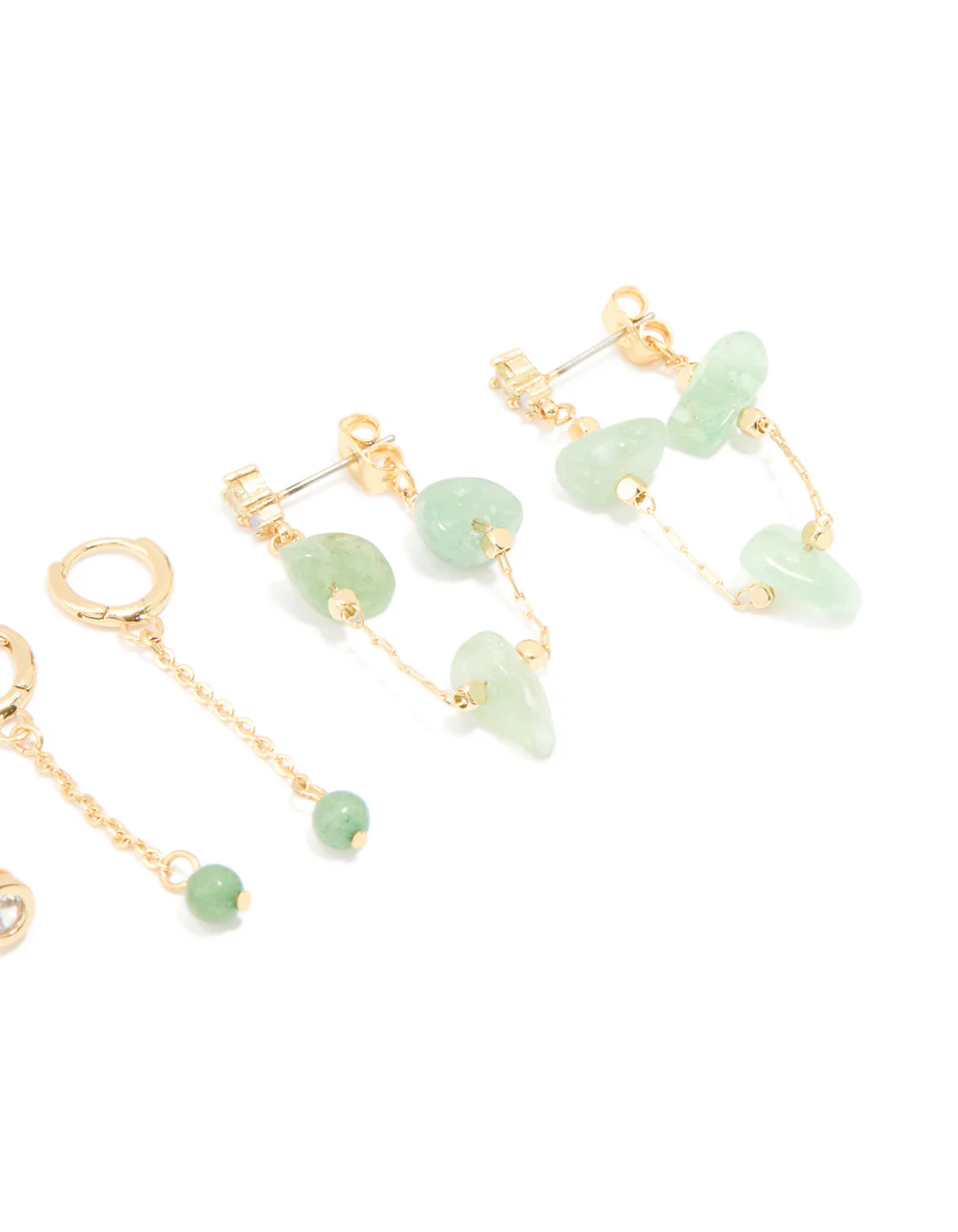 Gold Plated Green Semi Precious Stone Chain Drop & Stud Earrings 4-Pack - Image 3