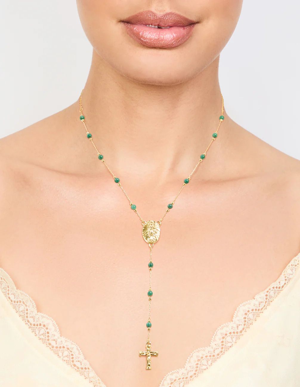 Gold Plated Green Semi Precious Stone Cross Y-Necklace - Image 2