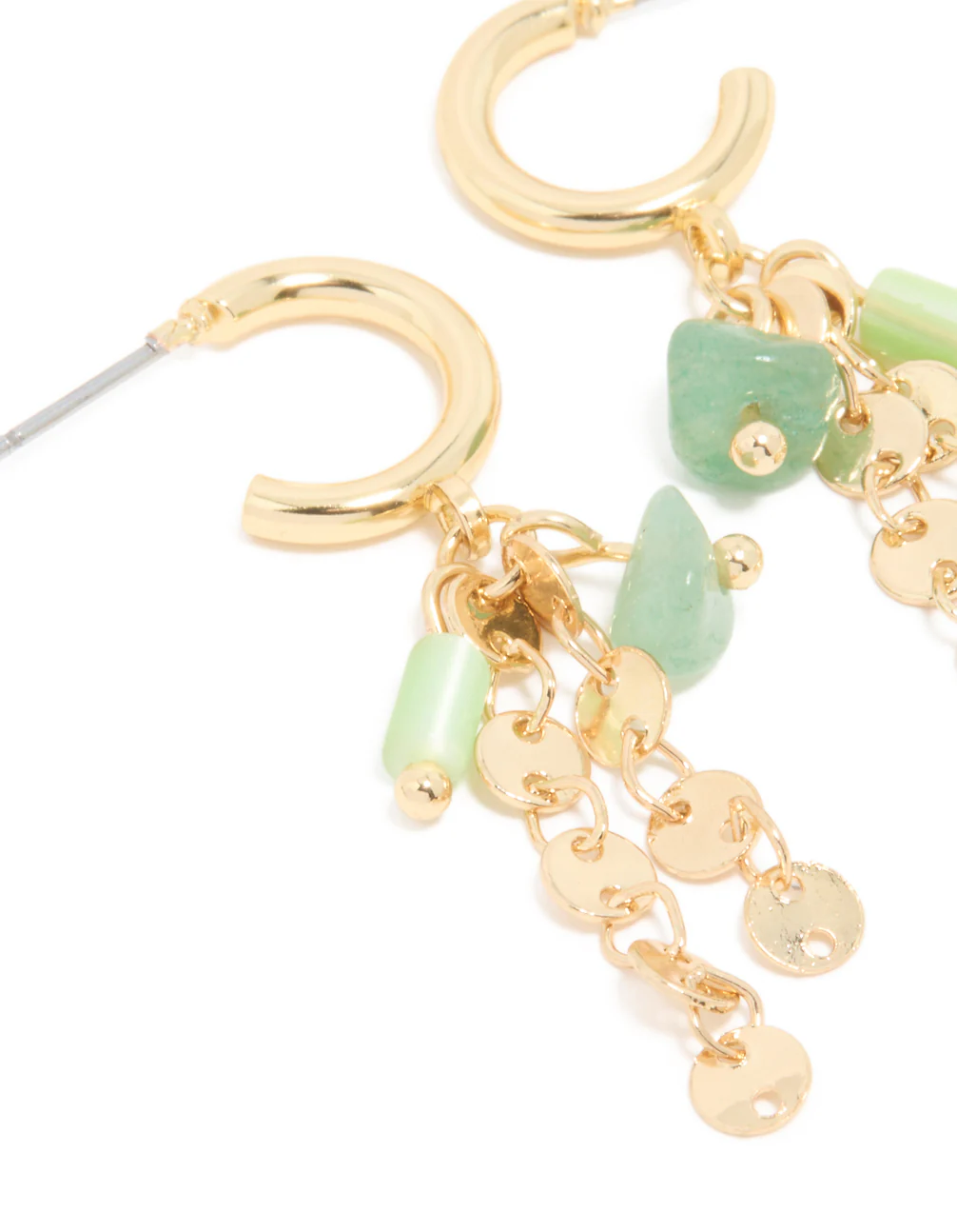 Gold Plated Green Semi Precious Stone Disc Drop Hoop Earrings - Image 3