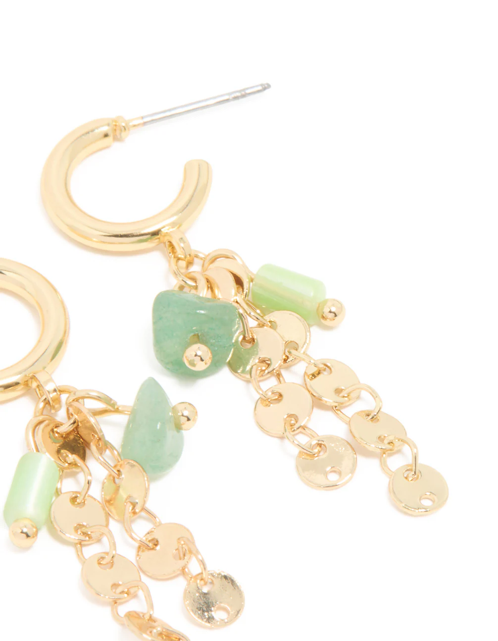 Gold Plated Green Semi Precious Stone Disc Drop Hoop Earrings - Image 5