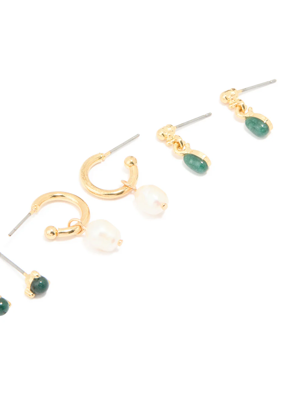 Gold Plated Green Semi Precious Stone & Freshwater Pearl Earrings 4-Pack - Image 3