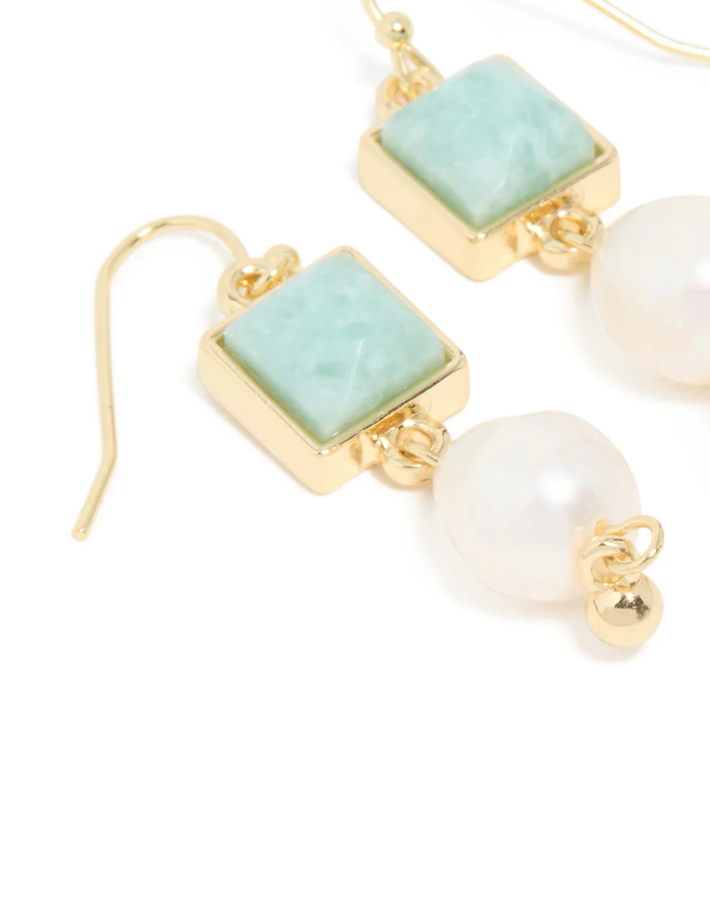 Gold Plated Green Semi Precious Stone Freshwater Pearl Statement Earrings - Image 3