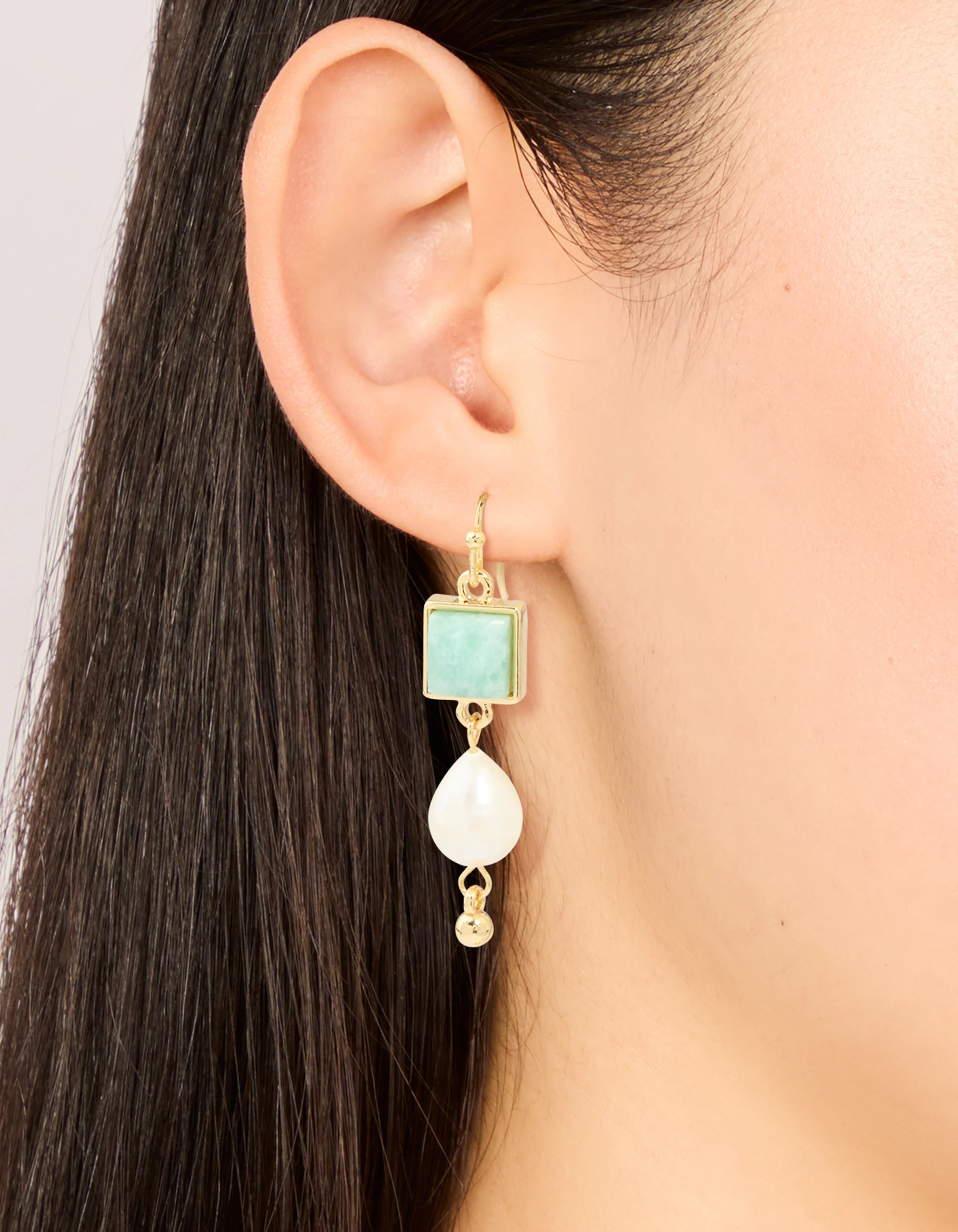 Gold Plated Green Semi Precious Stone Freshwater Pearl Statement Earrings - Image 6