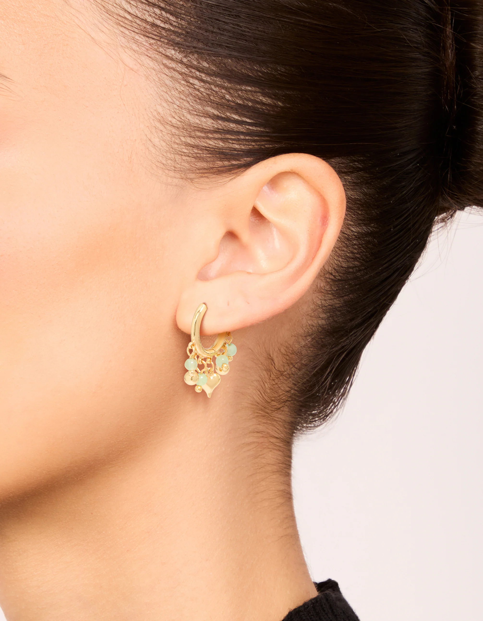 Gold Plated Green Semi Precious Stone Heart Drop Huggie Earrings - Image 2