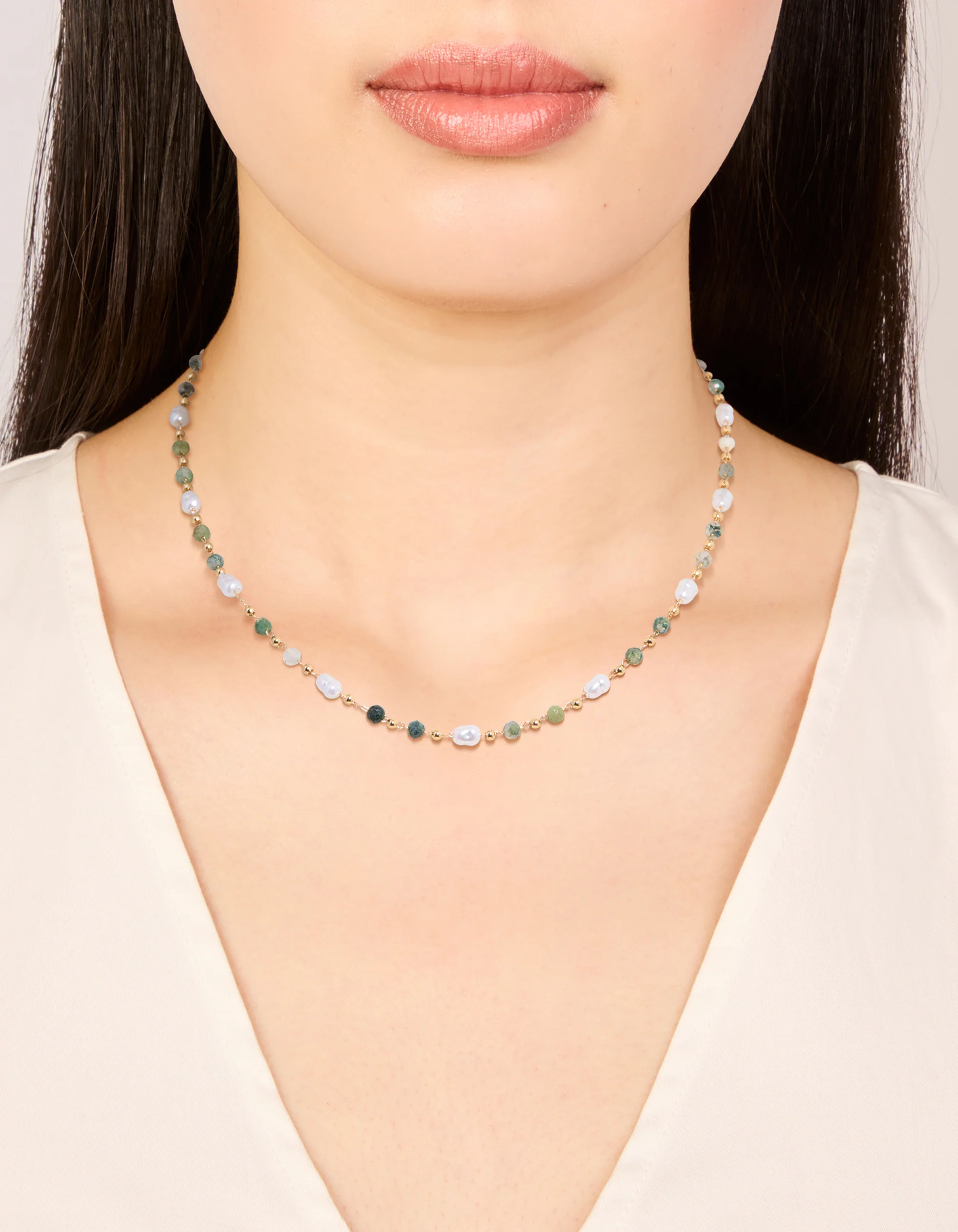 Gold Plated Green Semi Precious Stone & Pearl Necklace - Image 2