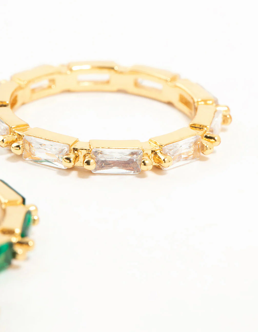 Gold Plated Green & Silver Baguette Stacking Rings 2-Pack - Image 3