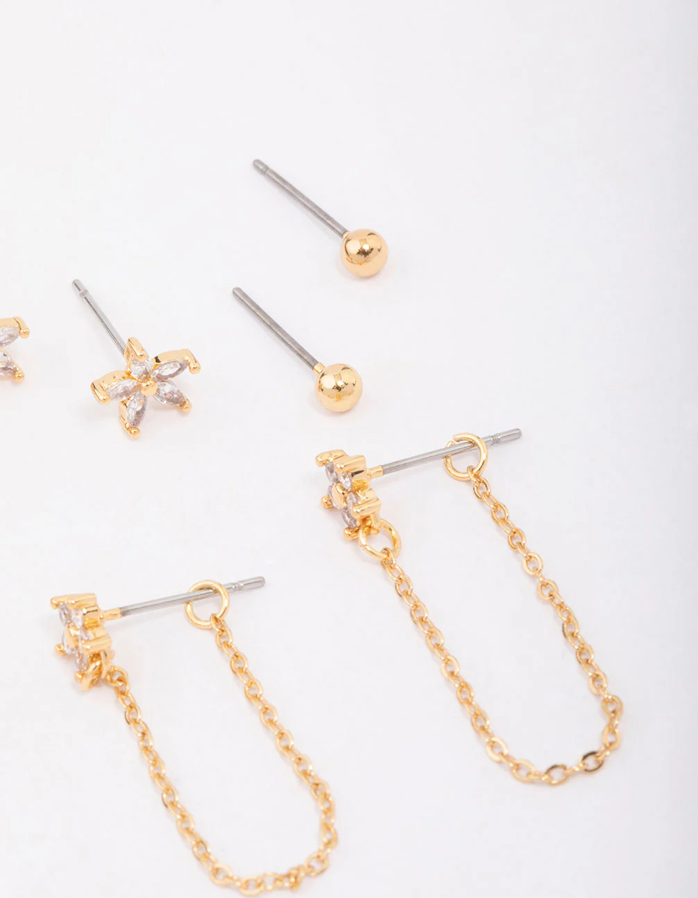 Gold Plated Brass Heart & Flower Chain Earring 4-Pack - Image 2
