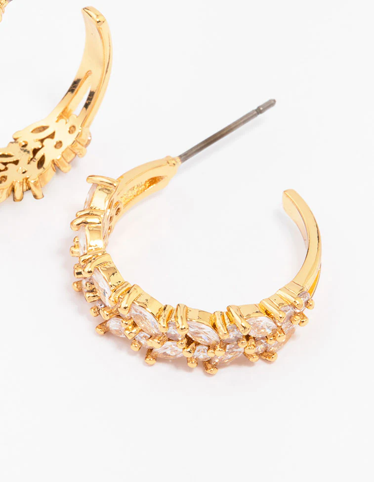 Gold Plated Marquise Cubic Zirconia Herringbone Hoop Earrings - Image 2