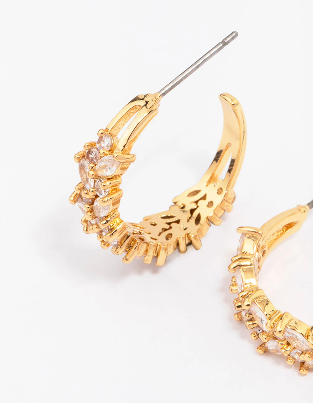 Gold Plated Marquise Cubic Zirconia Herringbone Hoop Earrings - Image 3