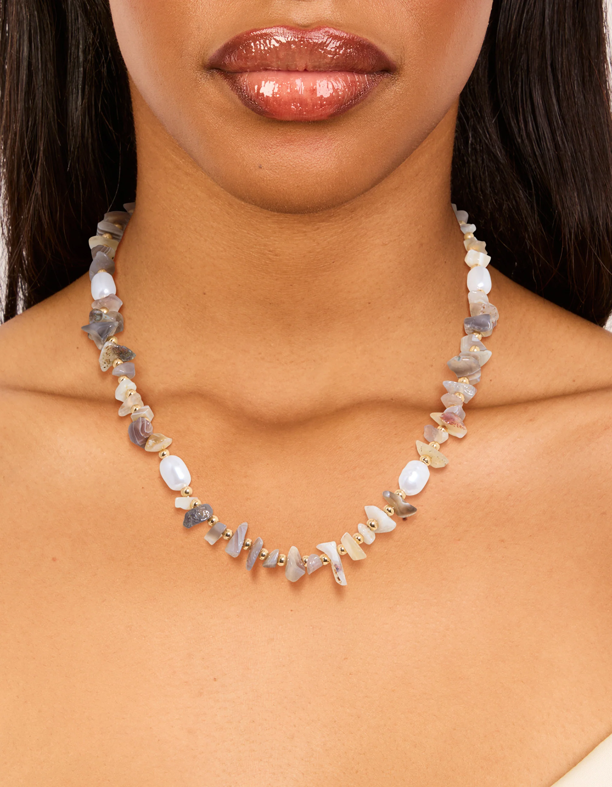Gold Plated Mixed Semi Precious Stone Pearl Chip Necklace - Image 2