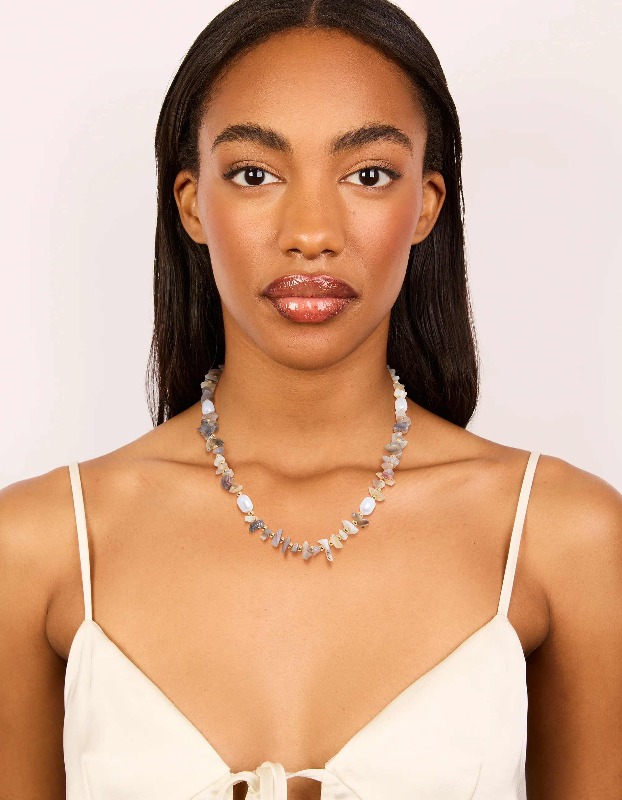 Gold Plated Mixed Semi Precious Stone Pearl Chip Necklace - Image 3