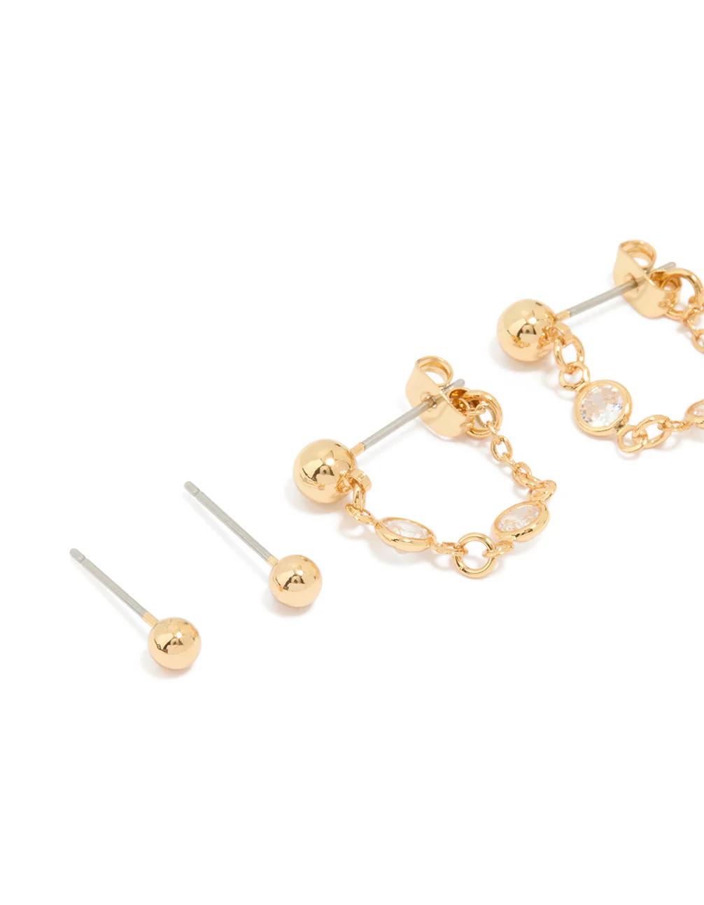 Gold Plated Molten Huggie & Cubic Zirconia Chain Earrings 4-Pack - Image 2