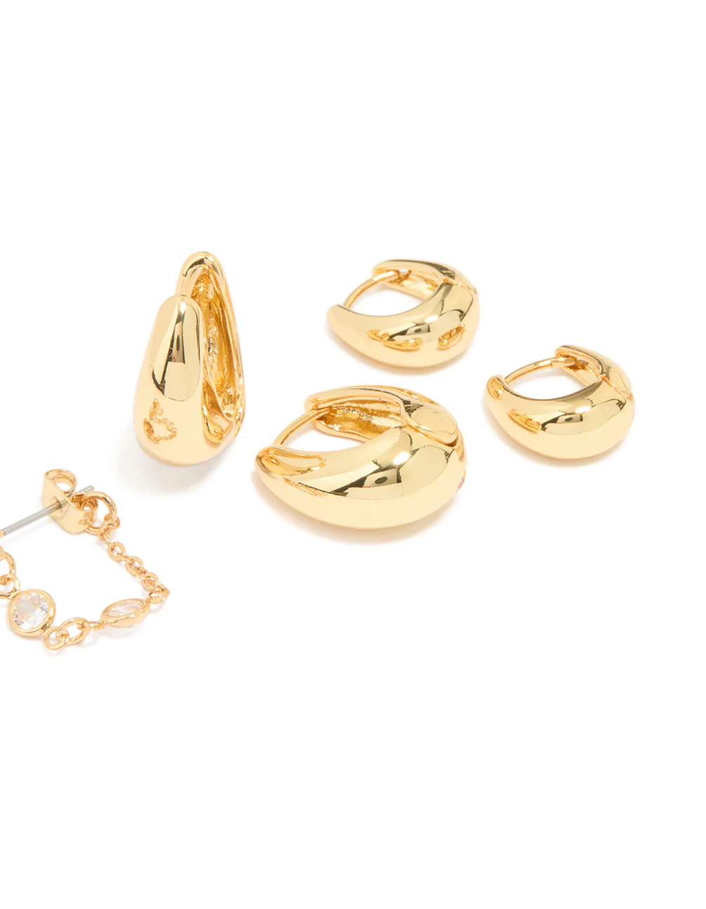 Gold Plated Molten Huggie & Cubic Zirconia Chain Earrings 4-Pack - Image 3