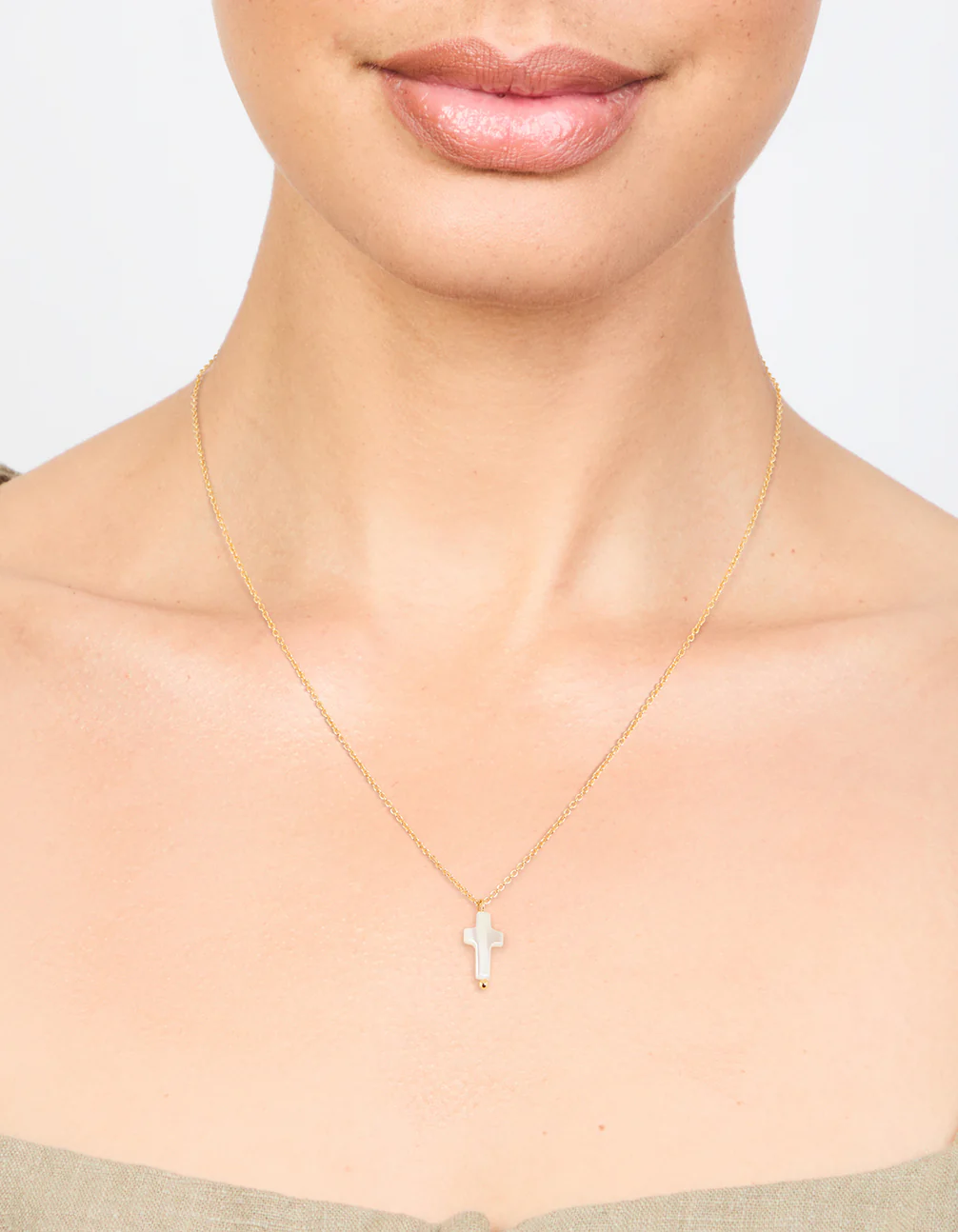 Gold Plated Mother Of Pearl Cross Pendant Necklace - Image 2