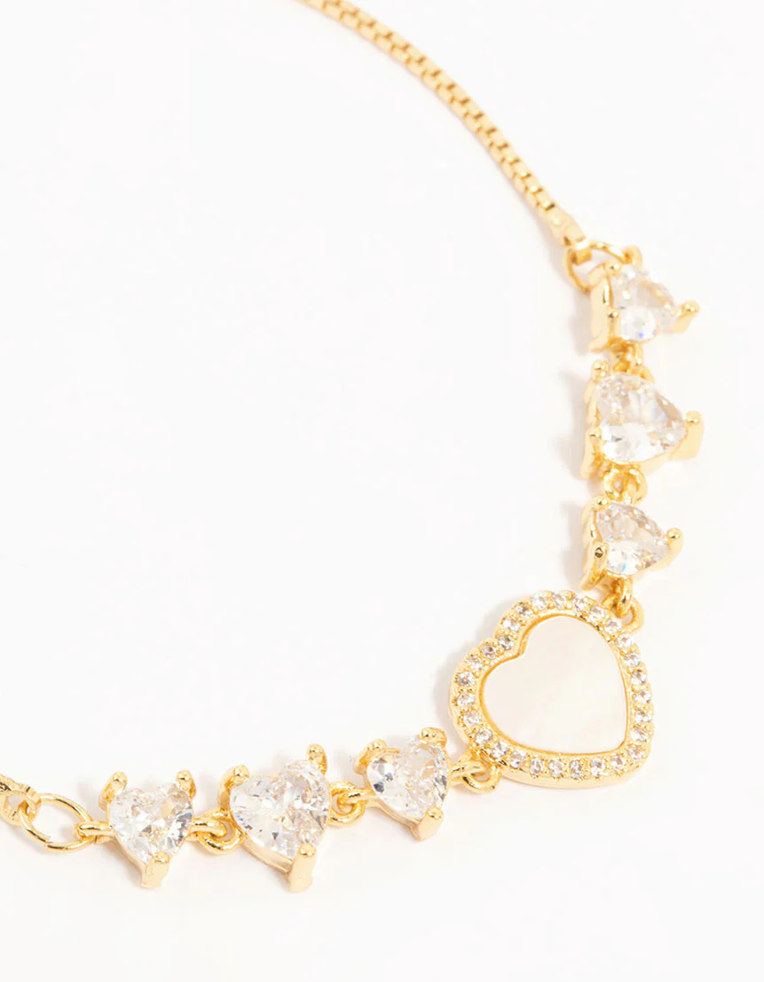 Gold Plated Mother Of Pearl & Mini Heart Toggle Bracelet - Image 2