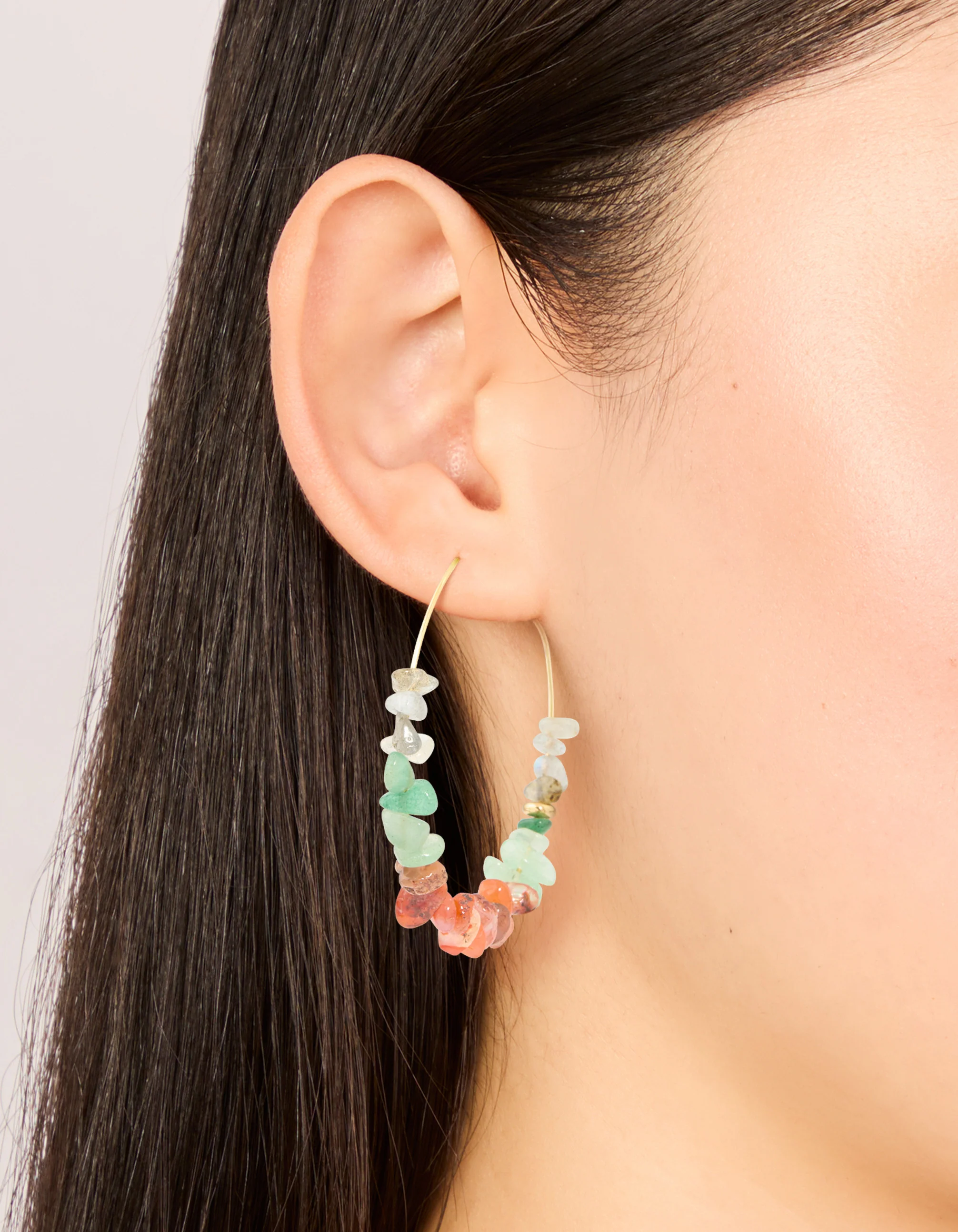 Gold Plated Multicoloured Semi Precious Stone Chip Hoop Earrings - Image 2