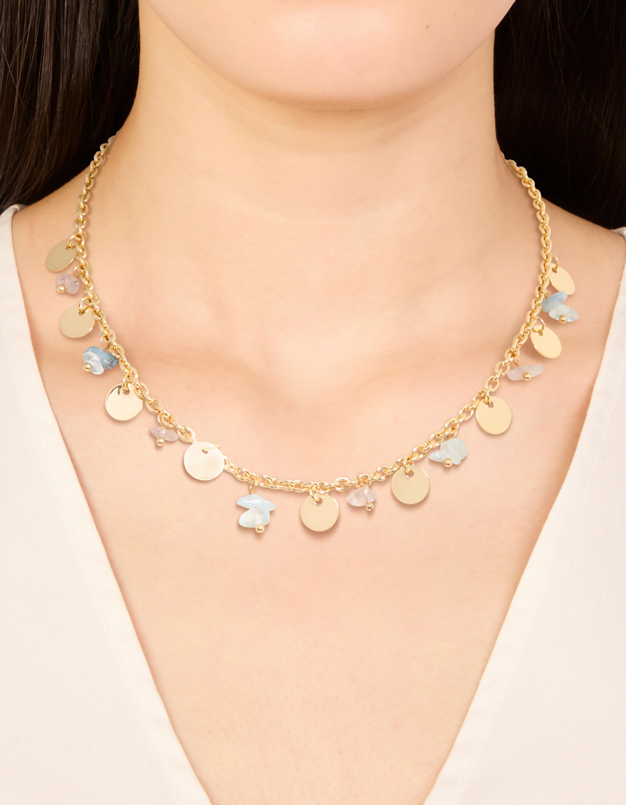 Gold Plated Multicoloured Semi Precious Stone Disc & Droplet Necklace - Image 2