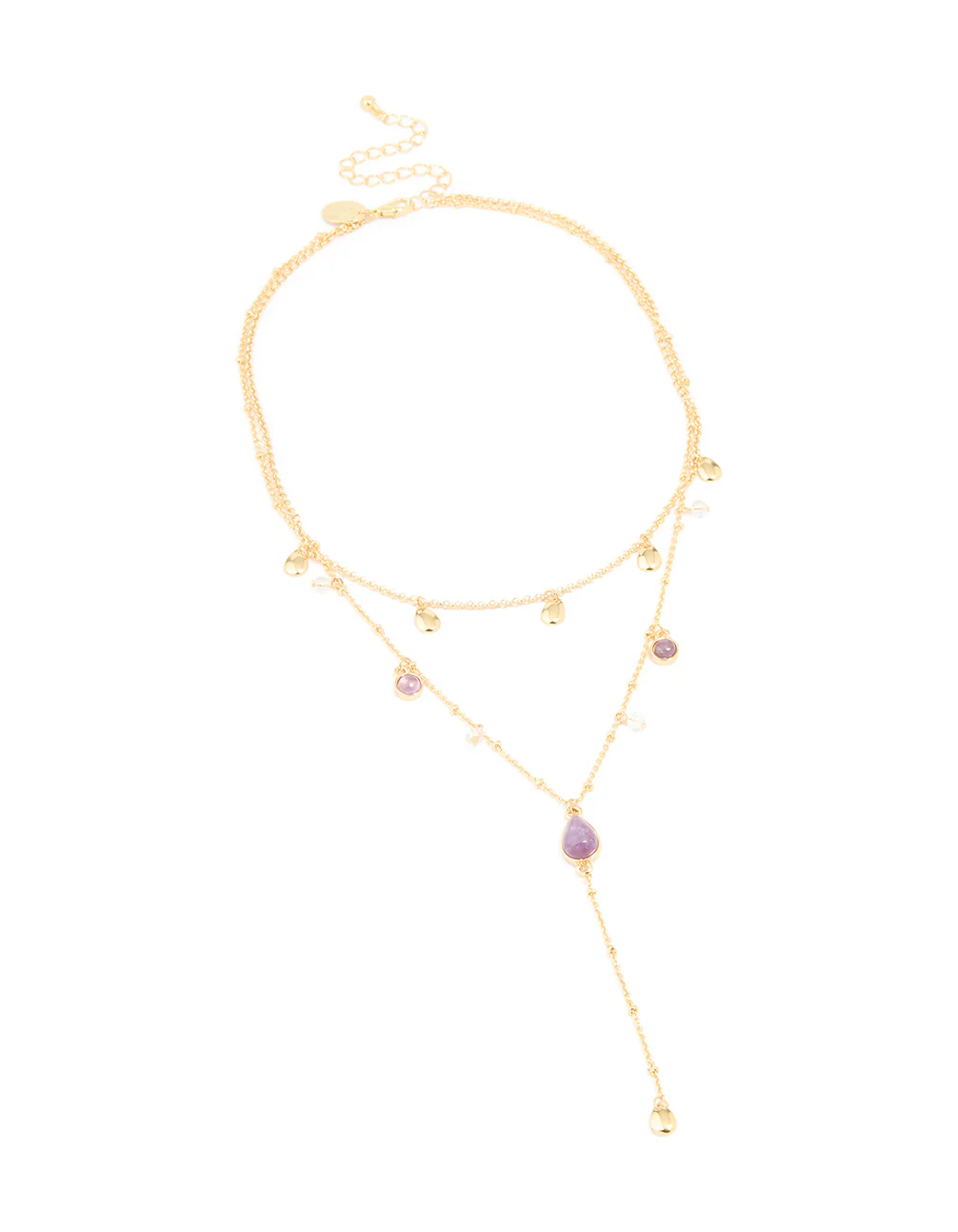 Gold Plated Purple Semi Precious Stone Droplet Layered Y-Necklace - Image 2