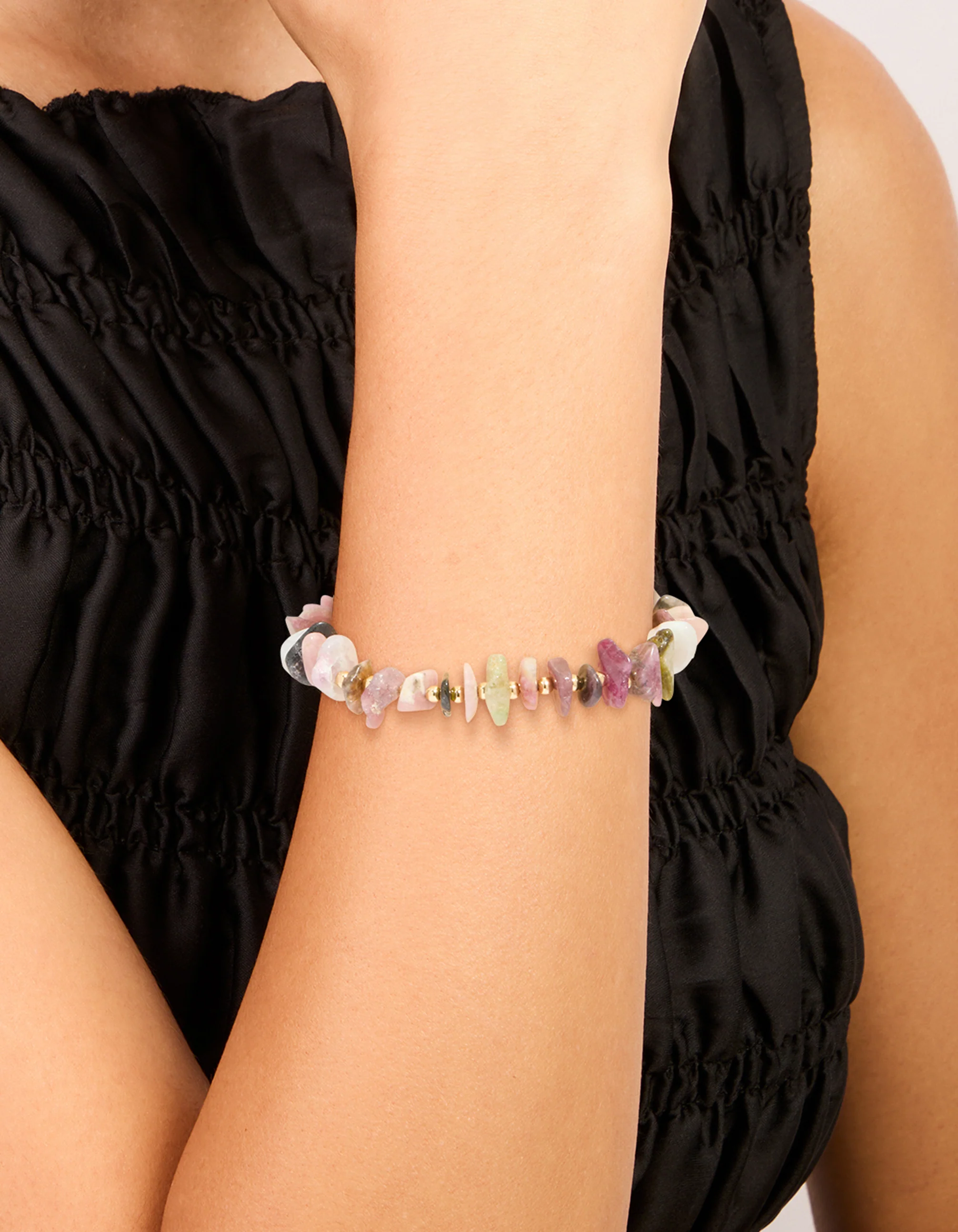 Gold Plated Multicoloured Semi Precious Stone Large Chip Stretch Bracelet - Image 2