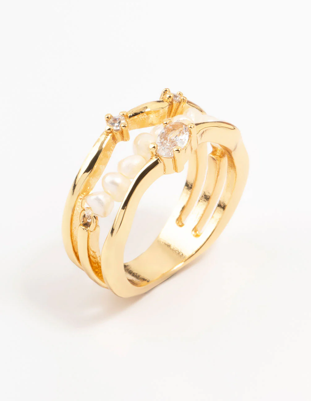 Gold Plated Nestled Pearl 3 Row Ring - Image 2