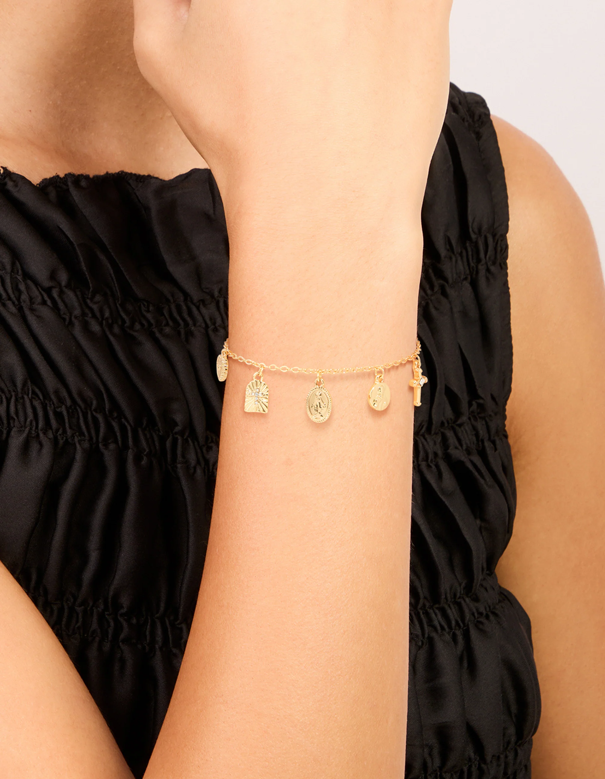 Gold Plated Oval Mary Cross Charm Bracelet - Image 2