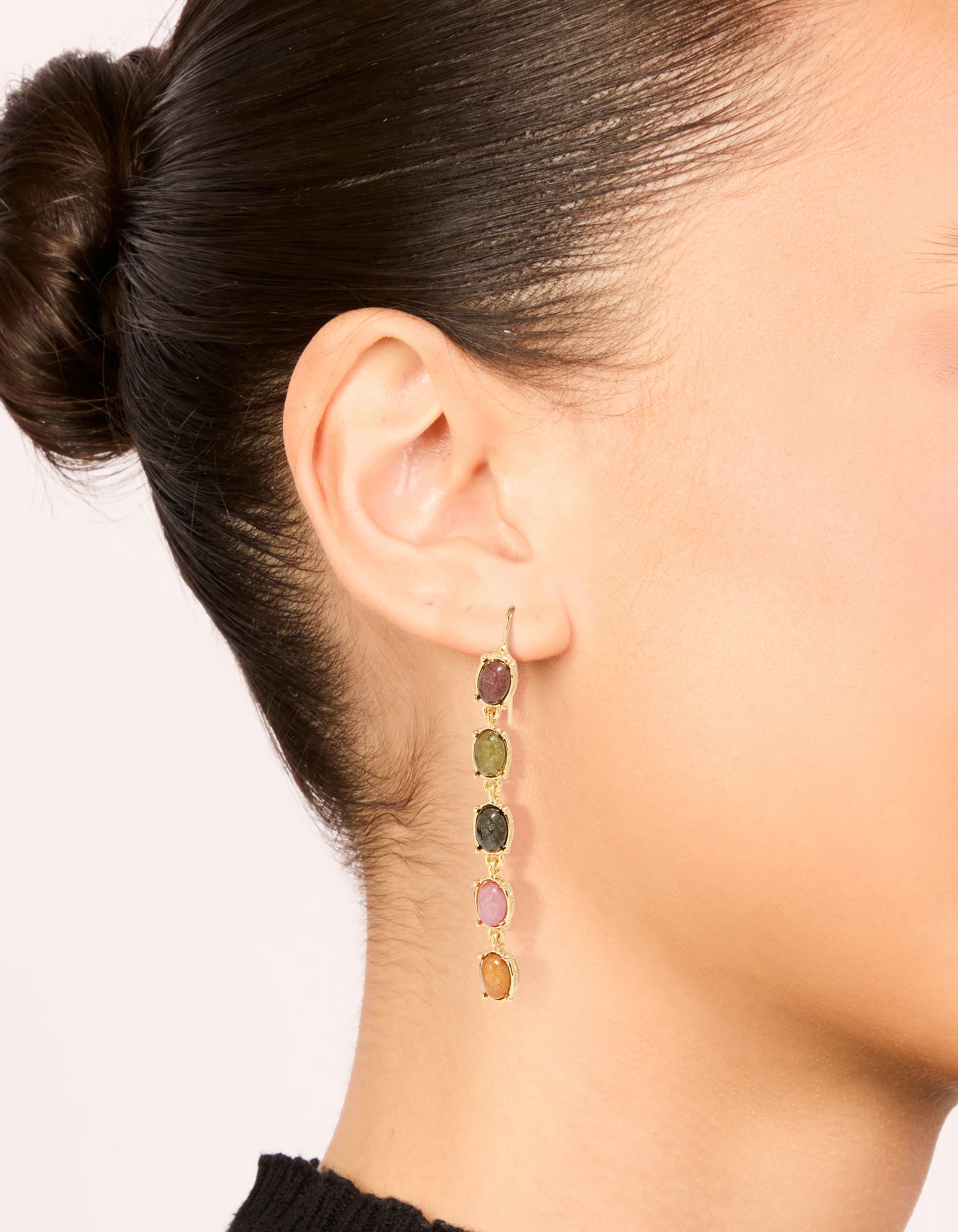 Gold Plated Oval Multicoloured Semi Precious Stone Hook Earrings - Image 2