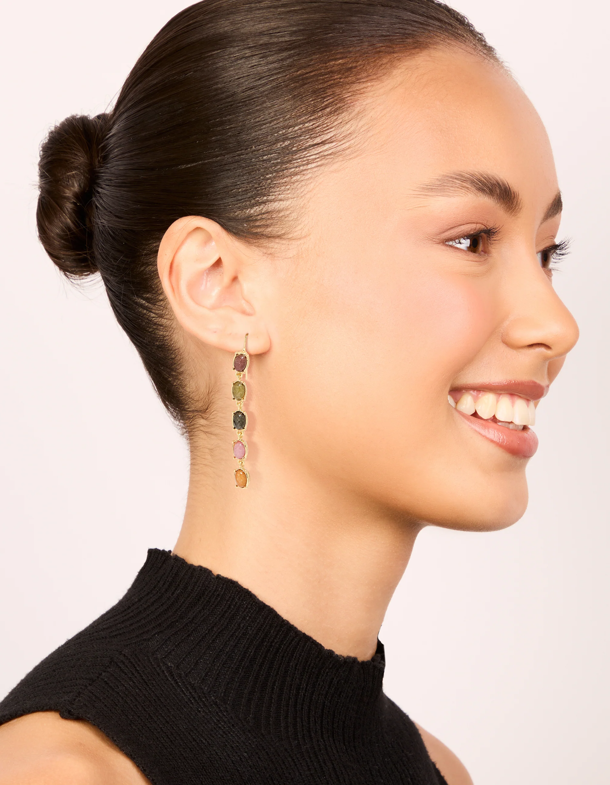 Gold Plated Oval Multicoloured Semi Precious Stone Hook Earrings - Image 4